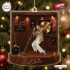 Front view of an Elvis Presley 2026 Christmas Ornament featuring a stage diorama with miniature guitar and gold record.