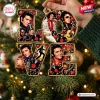 Close-up of the Elvis Presley Love Christmas Ornament hanging on a pine tree with lights.