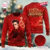 Front and back view of a red Elvis Presley Ugly Christmas Sweater with festive holiday graphics and close-up knit fabric detail.