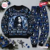 Front view of the Evanescence Winter Wonderland Sweater and Jogger Set featuring blue gothic patterns and portraits.