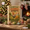 Front view of Everyday Corgi Advent Calendar 2026 box with miniature figures arranged on a wooden table.