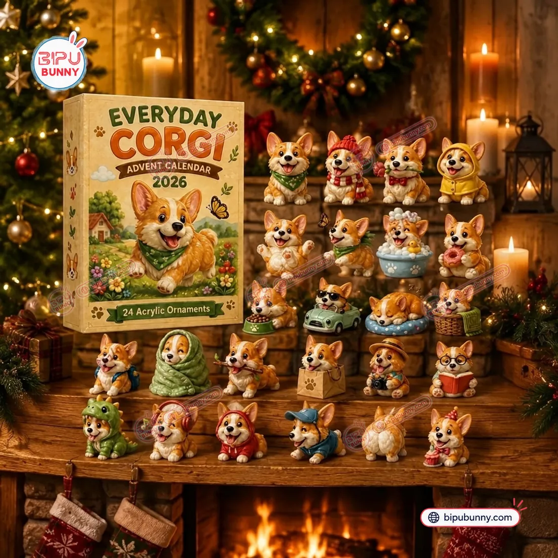 Everyday Corgi Advent Calendar 2026 parchment collector box displayed on a wooden mantel beside all 24 3D sculpted Corgi miniatures