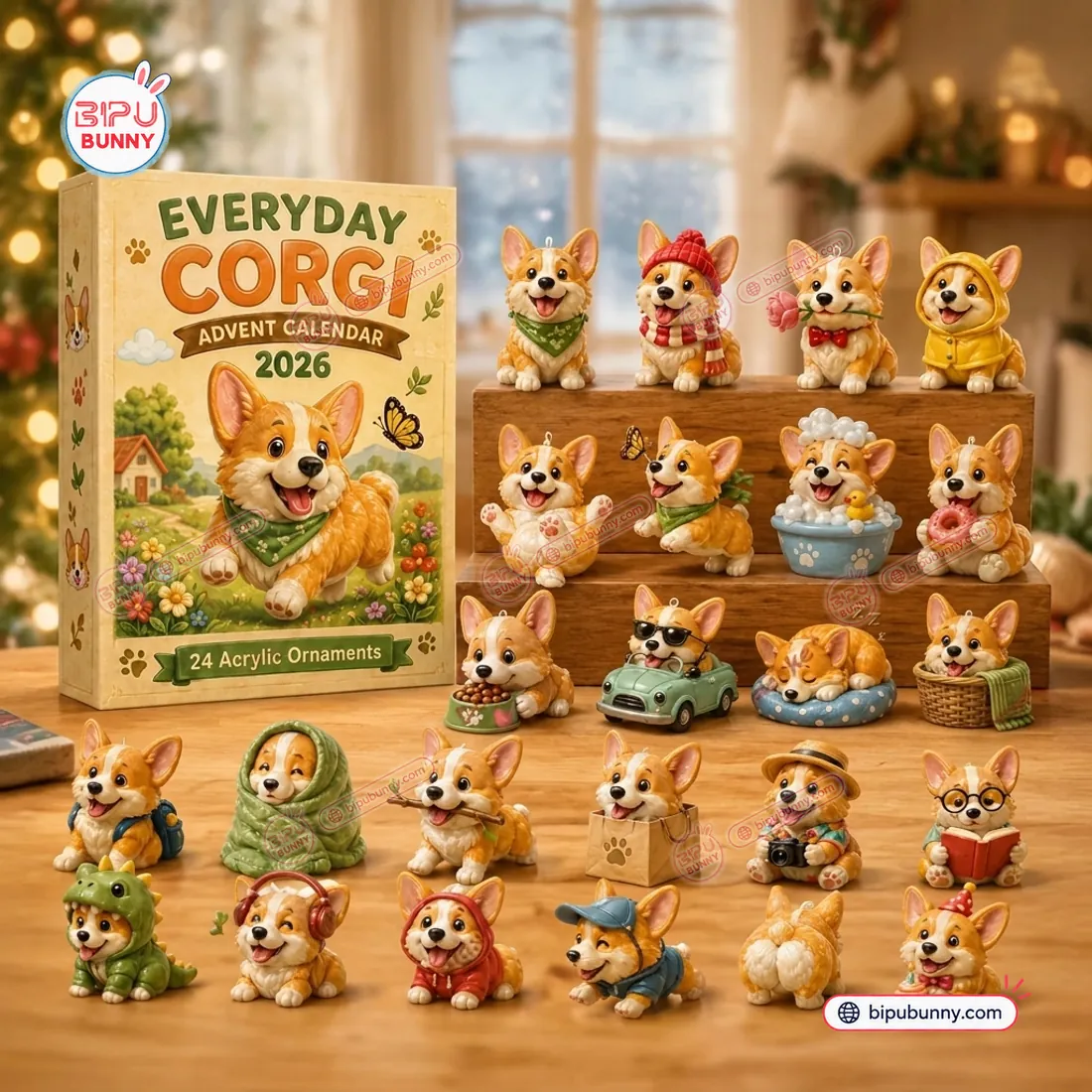 Tiered tabletop arrangement of the 24 Everyday Corgi Advent Calendar 2026 figurines displaying the dinosaur hoodie, mint convertible, and raincoat Corgis