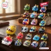 Collection of miniature racing helmet ornaments with gold bows on a wooden surface.