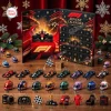 Front view of F1 Advent Calendar 2026 Racing Ornaments laid out with numbered miniature cars and helmets.