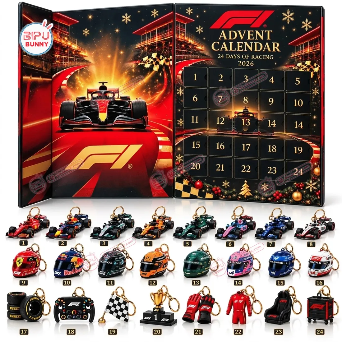 Complete 24-piece lineup of the F1 Advent Calendar 2026 Racing Ornaments showing 8 F1 cars, 8 matching helmets, and 8 pit-lane accessories