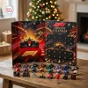 Front view of F1 Advent Calendar 2026 Racing Ornaments box open on a wooden table with racing keychains.