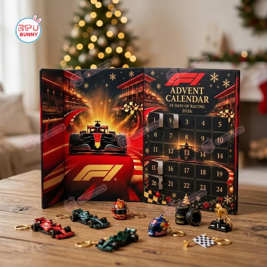F1 Advent Calendar 2026 gatefold box with partially opened doors and 3D F1 car, helmet, tire stack, and trophy ornaments on a table