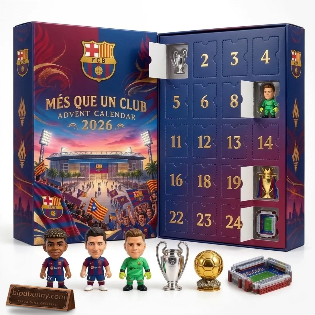 FC Barcelona Blaugrana Camp Nou Legends 2026 Advent Calendar open book-style interior showing numbered doors, player figurines, and miniature trophies