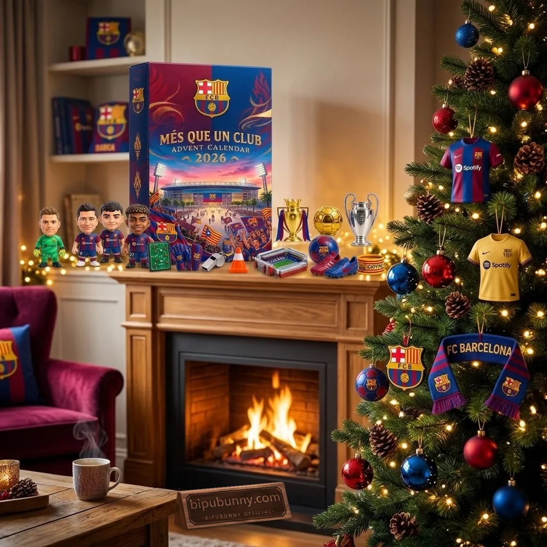 FC Barcelona 2026 Advent Calendar displayed on a holiday fireplace mantel beside a Christmas tree hung with Blaugrana jersey and scarf ornaments