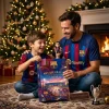 Father and son opening an FC Barcelona Blaugrana Camp Nou Legends 2026 Advent Calendar in a festive living room.