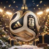 Close-up of a FIFA World Cup 2026 Trionda Ball Christmas Ornament in gold and black against a festive stadium background.