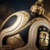 Closeup of FIFA World Cup 2026 Final Match Gold Edition Trionda Ball Christmas Ornament with black and gold details.