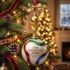 Hanging FIFA World Cup 2026 Golden Trophy & Trionda Ball Christmas Ornament on a tree.