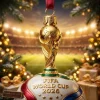 Close-up view of the FIFA World Cup 2026 Golden Trophy and Trionda Ball Christmas Ornament hanging in a stadium setting.
