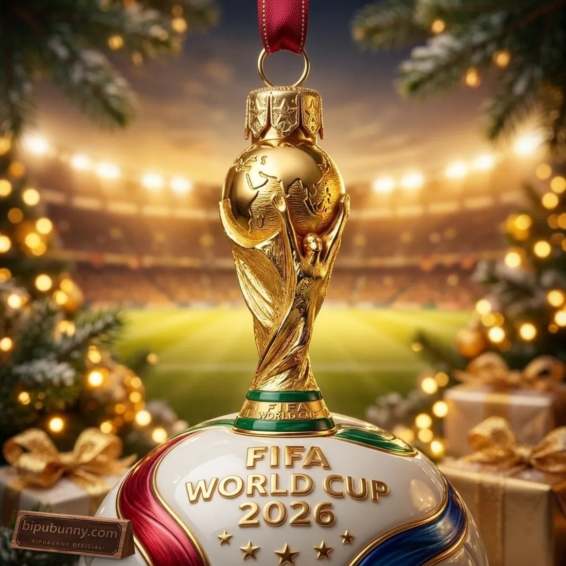 Close-up of the FIFA World Cup 2026 Golden Trophy and Trionda Ball Christmas Ornament detailing the 3D golden trophy figures, emerald-green pedestal bands, and raised gold lettering