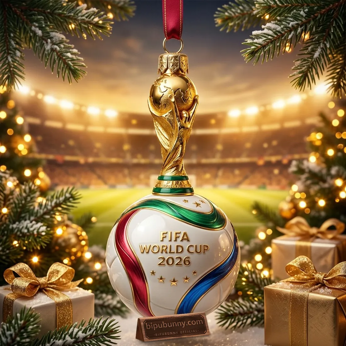 Full view of the two-tier FIFA World Cup 2026 Golden Trophy and Trionda Ball Christmas Ornament suspended by its crimson ribbon before a floodlit stadium pitch