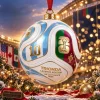 Close-up of a Trionda Ball Christmas Ornament featuring a number 10 tribute design hanging outdoors.