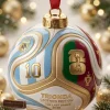 Close-up of FIFA World Cup 2026 Legends #10 GOAT Tribute Trionda Ball Christmas Ornament with gold details.