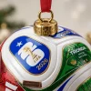 Closeup of FIFA World Cup 2026 Trionda Ball Christmas Ornament with gold cap.