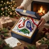 Hands opening a blue gift box containing a FIFA World Cup 2026 Trionda Ball Christmas Ornament on satin lining.