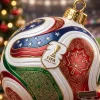 Closeup of FIFA World Cup 2026 USA Canada Mexico host nations Trionda ball Christmas ornament.