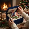 Hands opening a blue velvet box holding a FIFA World Cup 2026 Christmas ornament near a fireplace.