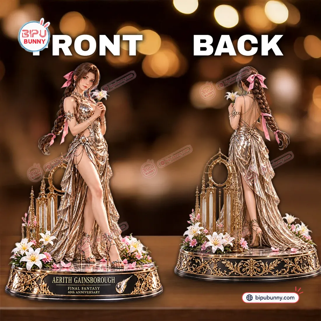 Front and back views of the Final Fantasy Aerith Gainsborough 40th Anniversary Vinyl Figure highlighting the open chain-draped back and gothic arch base