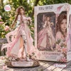 Front view of the Final Fantasy Aerith Gainsborough Vinyl Figure standing next to its illustrated packaging box.