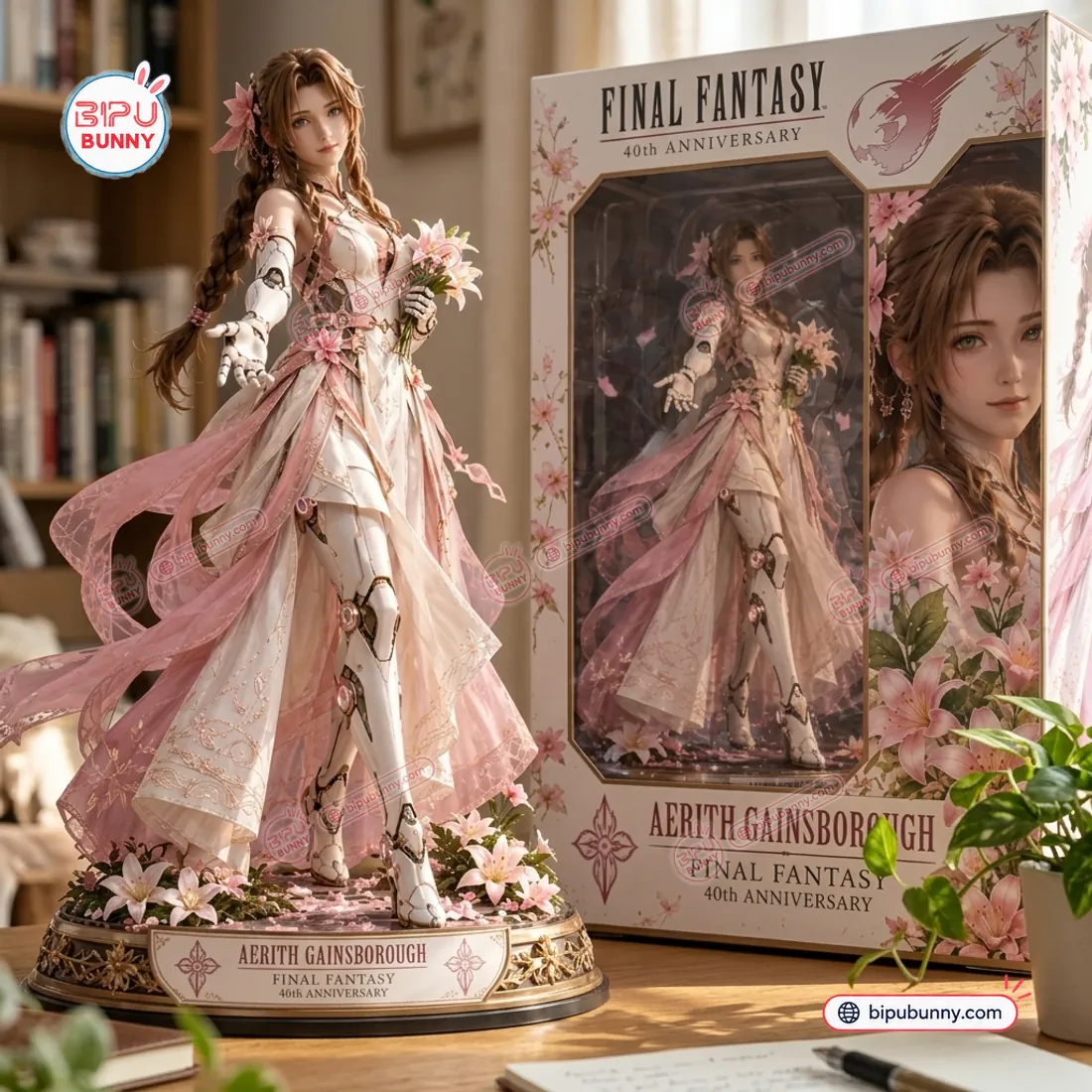 Final Fantasy Aerith Gainsborough Vinyl Figure standing beside its 40th Anniversary window display box