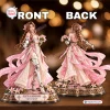 Front and back view of a detailed vinyl figure in a pink and white dress with braided hair.