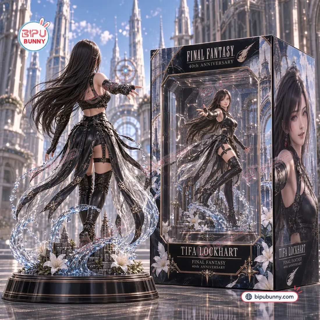 Rear view of the Final Fantasy Tifa Lockhart 40th Anniversary Figure highlighting the flowing dark hair, sheer star-patterned skirt train, and collector box