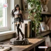 Front view of the Final Fantasy Tifa Lockhart collector figure standing on a labelled circular base indoors.
