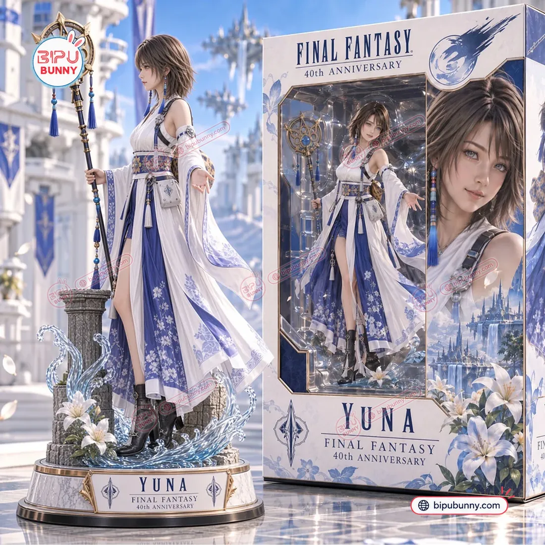 Side profile view of the Final Fantasy Yuna 40th Anniversary Collectible Figure holding her golden mandala staff beside the window box