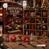 Front view of the Firefighter Gear Advent Calendar 2026 box with a wooden shelf displaying twenty-four miniature ornaments.