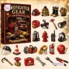 Front view of Firefighter Gear Advent Calendar 2026 box alongside twenty-four miniature acrylic firefighter ornaments.
