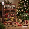 Front view of Firefighter Gear Advent Calendar 2026 box with miniature acrylic ornaments on a wooden table.