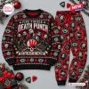 Front view of the Five Finger Death Punch Christmas Sweater Jogger Set with band member graphics.