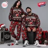 Front view of two models wearing Five Finger Death Punch Christmas Sweater Jogger Set in black and red.