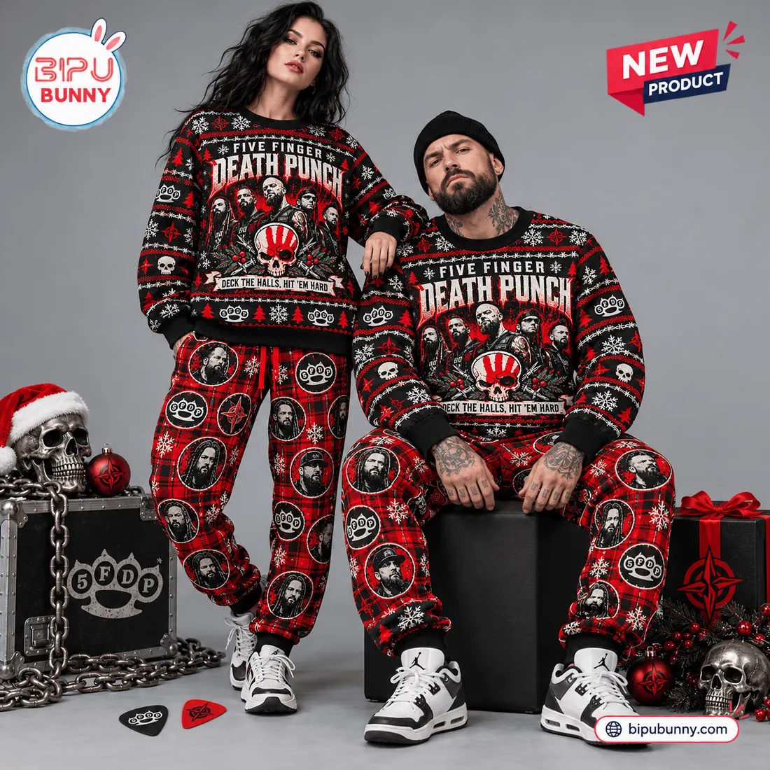 Couple wearing matching Five Finger Death Punch Christmas sweater and jogger sets