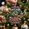 Close-up view of the Florida Gators 120 Years resin ornament hanging on a Christmas tree.