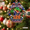 Front view of Florida Gators 120 Years 1906-2026 resin ornament hanging on a Christmas tree.