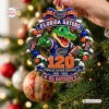 Close-up of Florida Gators 120 Years ornament hanging on a tree.