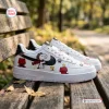 Side view of Flying Ace Snoopy Low-Top Air Force Sneakers resting on a wooden park bench.