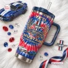 Front view of the Ford Mustang 62nd Anniversary Handle Tumbler featuring red and blue tie-dye graphics and a car motif.