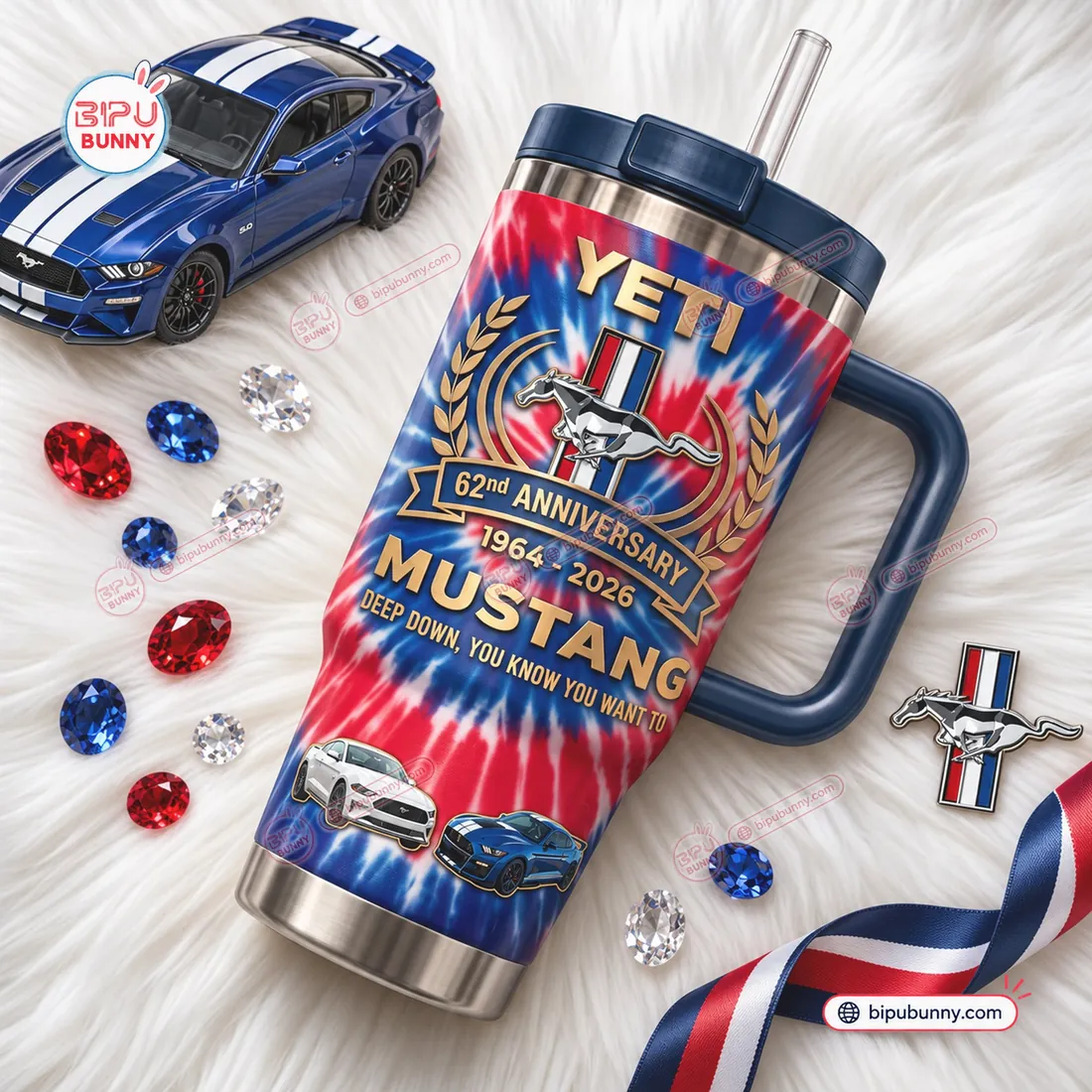 Ford Mustang 62nd Anniversary Handle Tumbler displaying the chrome Running Pony tri-bar emblem and dual Mustang coupe graphics