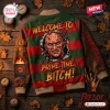 Back view of a Freddy Krueger Baseball Varsity Jacket featuring green and red stripes, a central character graphic, and lettering.