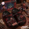 Top view of Freddy Krueger Horror Slip-On Crocs Clogs arranged with movie-themed box and props.