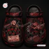 Top view of Freddy Krueger horror slip-on crocs clogs featuring black and red graphics.
