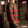 Side view of Freddy Krueger Nightmare Varsity Jacket with red and green stripes and brown sleeves in a basement setting.